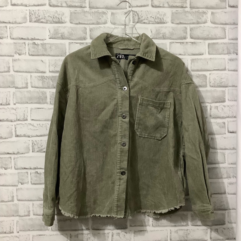 Zara Corduroy Jacket Olive Green Pockets Boxy Oversized Jacket M (C011)